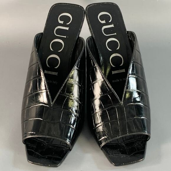 GUCCI Size 9.5 Black Croc Embossed Leather Mules Pumps - Picture 4 of 9